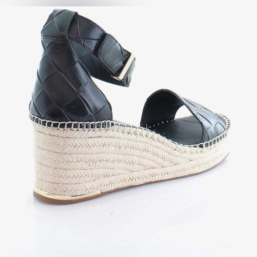 Franco Sarto Clemens Espadrille Wedge Sandals Black Leather Woven Strap Jute, 8 - Picture 10 of 11